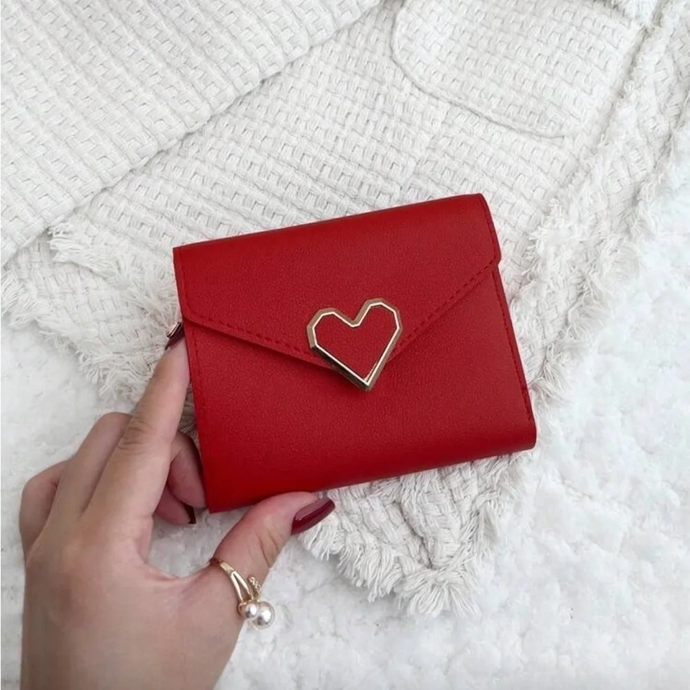 Red Faux Leather Tri-fold Wallet With A Geometric Hold Heart Tone Buckle